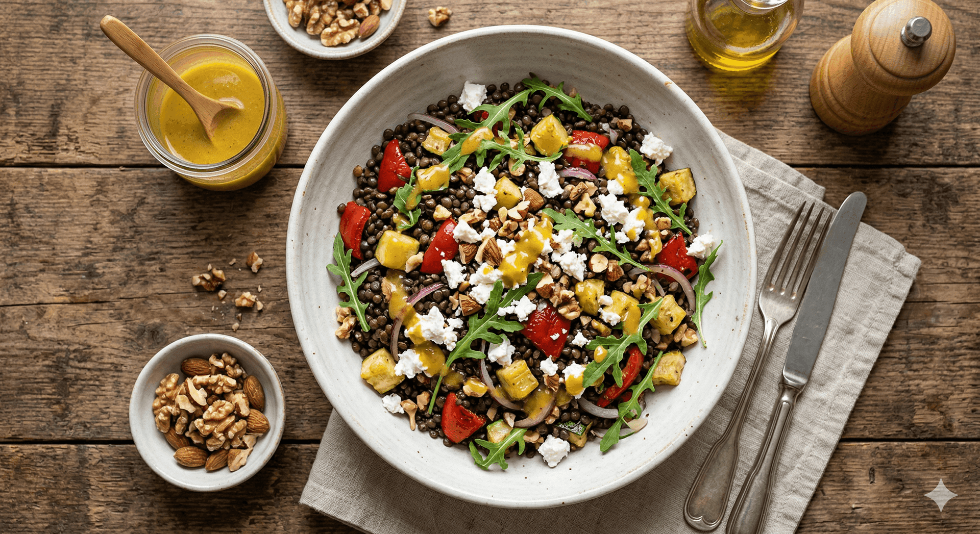 Ensalada templada de lentejas con queso feta y vinagreta de miel y mostaza
