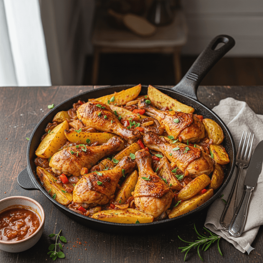 Muslitos de Pollo al Horno con Patatas y Salsa de Pimiento